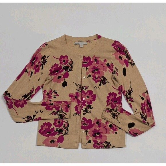 Old Navy Button Front Fitted Brown & Pink Floral Cardigan Sweater Size Small - Picture 2 of 6